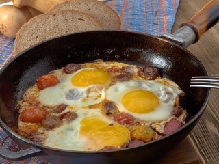 Breakfast. Fried eggs with mushrooms,tomatoes and sausage.