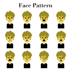 ミディアムヘアの男性のシンプルでかわいい顔の表情12パターンのイラストセット