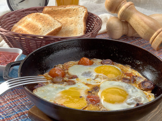Breakfast. Fried eggs with mushrooms,tomatoes and sausage.