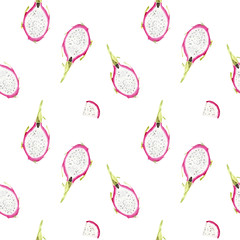 seamless hand drawn beautiful watercolor tropical pattern with dragonfruit slices on white background