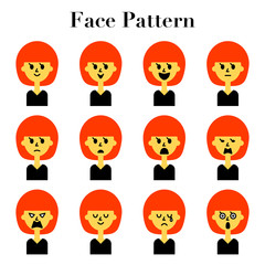 ボブカットヘアの女性のシンプルでかわいい顔の表情12パターンのイラストセット