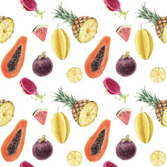 seamless hand drawn beautiful watercolor tropical pattern with juicy fruits. pineapple, karambol, papaya, mangosteen, pitaya slices on white background