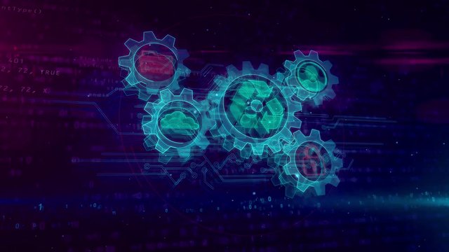 Data managment hologram intro on dynamic futuristic background. Modern and futuristic concept of files storage, cyber security, computing cloud and digital access. Seamless loopable 3d animation.