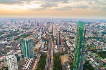 Aerial view Bangkok building with river sunset