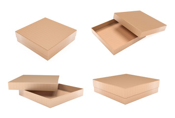 Pizza box. Open and closed. Brown corrugated carton box. 3d rendering illustration isolated