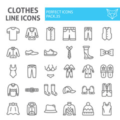 Clothes line icon set, clothing symbols collection, vector sketches, logo illustrations, wear signs linear pictograms package isolated on white background.