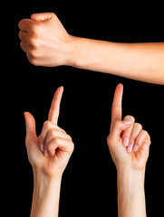Set of woman hands with finger pointing up and fist