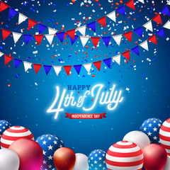 Fototapeta na wymiar 4th of July Independence Day of the USA Vector Illustration. Fourth of July American national Celebration Design with Flag and Stars on Blue and White Confetti Background for Banner, Greeting Card