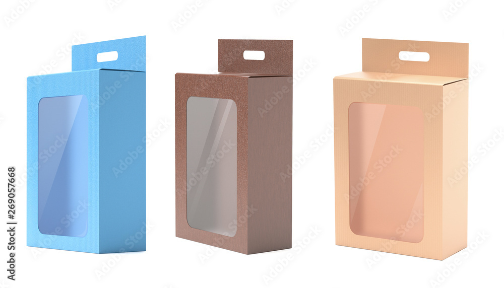 Wall mural box mock up set. colored display boxes with transparent window. 3d rendering illustration isolated