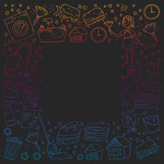 cleaning services company vector monochrome pattern on black background, drawing gradient.