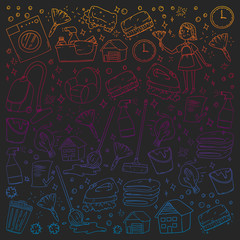 cleaning services company vector monochrome pattern on black background, drawing gradient.