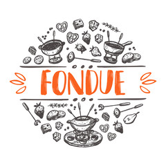 Fondue. Traditional swiss dish. Hand drawn vector illustration. Can be used for farmers market, food festival, menu, cafe, restaurant, bar, poster, banner, emblem, sticker, logo, label, placard