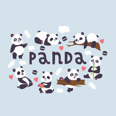 Panda vector bearcat chinese bear with bamboo in love playing or sleeping illustration backdrop of giant panda eating watermelon background wallpaper