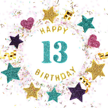 Square format greeting card with the inscription "happy 13th birthday", stars, glitter, serpentine..