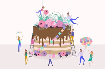 Tiny people preparing for and celebrating holidays. Men and women decorating huge Birthday cake. Editable vector illustration