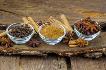 Variety of spices on wooden background