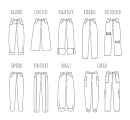 Trendy women jeans styles vector thin line icons