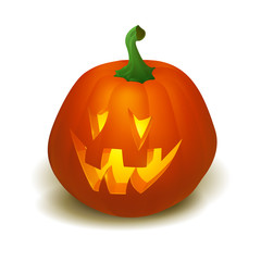 Realistic vector Halloween pumpkin with candle inside. Happy face Halloween pumpkin isolated on white background.. Vector Eps 10