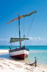 Fisherman boats typical of the coasts of Vilanculos, Mozambique. Moored on the shore of the beach Landscape