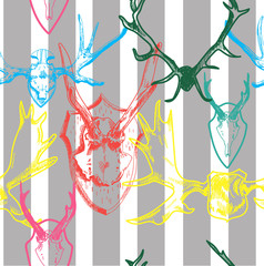 Seamless pattern with hunting trophies. Horn of a deer skull. Drawing by hand in vintage style.