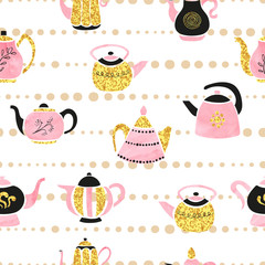 Seamless cute teapots pattern. Vector tea background.