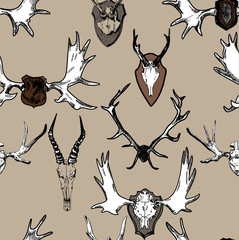 Seamless pattern with hunting trophies. Horn of a deer skull. Drawing by hand in vintage style.