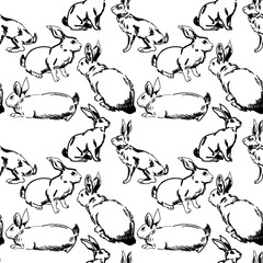 Seamless pattern with hares and rabbits. Drawing by hand in  vintage style. Background with animals.