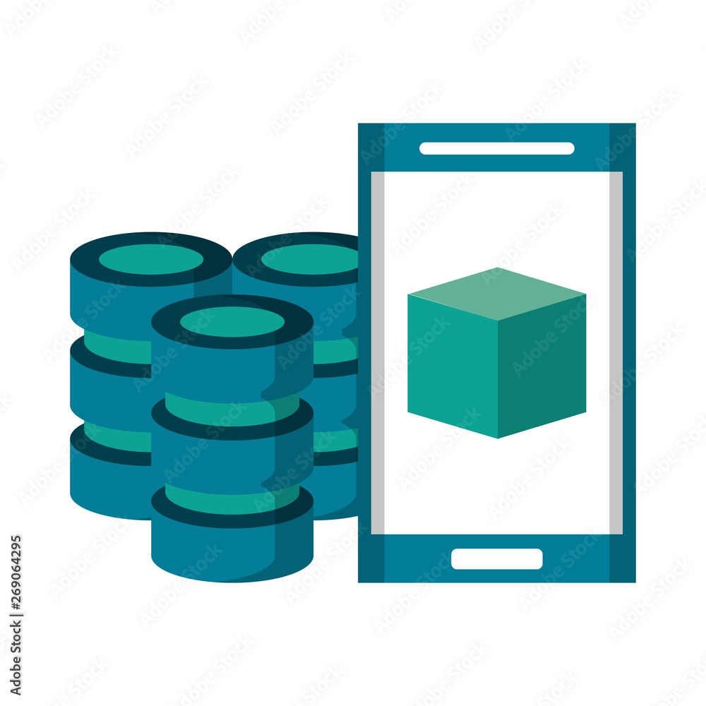 Poster smartphone with cube on screen and servers disks vector illustration