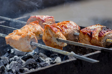 Meat cooking on the grill. Juicy kebabs being prepared on the coals.