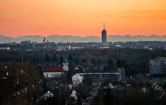 Panorama image of Augsburg skyline with mountains in the background