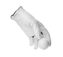 Glove and golf ball on white background