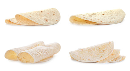 Set of delicious tortillas on white background. Unleavened bread - obrazy, fototapety, plakaty