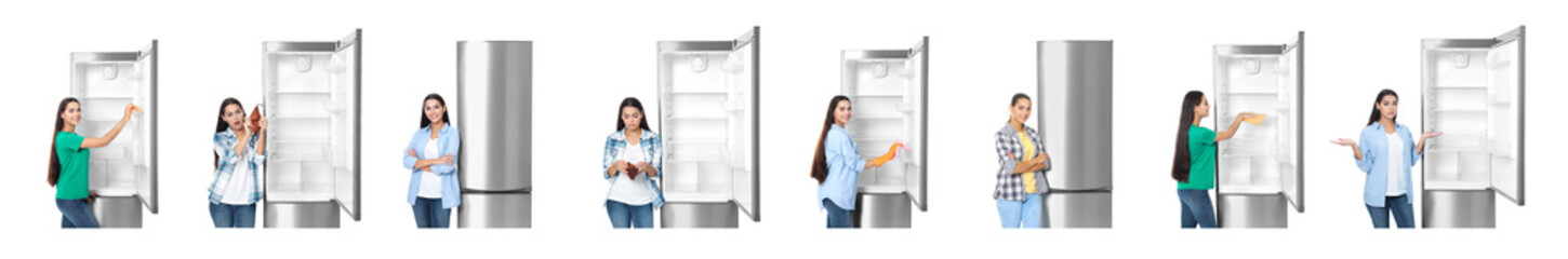 Fototapeta na wymiar Young man near open refrigerator on white background