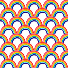 Colorful seamless pattern with rainbows (4 colors: red, yellow, blue and violet) in a row. Watercolor illustration on a white background.