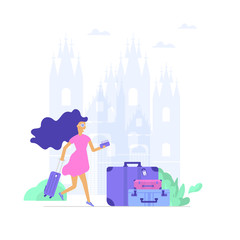 Young lady with map, bag and baggage. Travel and tourism concept for website template, online booking reservation
