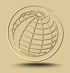 Earth planet golden outline embossed on light golden background , minimalist luxury planet motif in circle, vector template