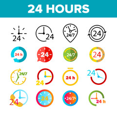 24 Hours, Clock, Time Vector Color Icons Set. 24 Hours Customer Service, Online Support Linear Symbols Pack. Convenience Store Logo. All Day Open Shop, Call Center Isolated Flat Illustrations