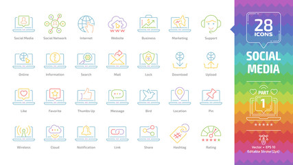Social media network color outline icon set part 1 with global internet website, digital business and marketing technology, web support editable stroke line pictogram.