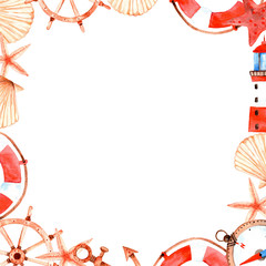 Watercolor sea square frame (border) with seashell (Venus scallop), lighthouse, anchor, starfish, a lifebuoy. Aquarelle illustration on a white background.