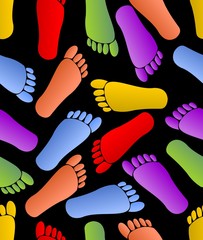Fototapeta premium Multicolored footprints on black background, human traces in red, green, orange, purple and yellow colors, seamless background, fabric patterns, textile ornament, vector design