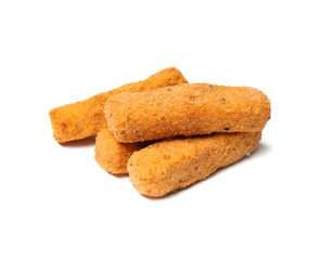 Pile of tasty cheese sticks isolated on white