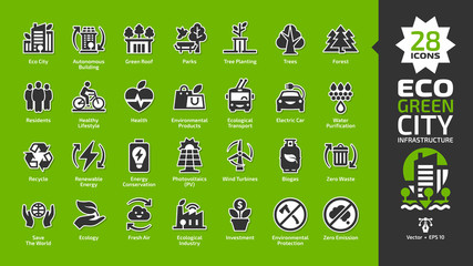 Eco green city icon set with ecology town infrastructure, nature environment building, renewable energy, bio & life friendly technology, urban tree save, cycle ecological transport glyph symbols.