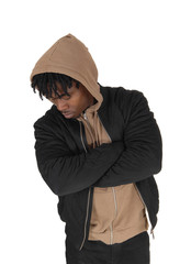 Young African man in a closeup image with a hoody