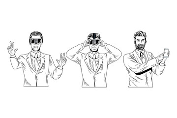 men with virtual reality headset black and white