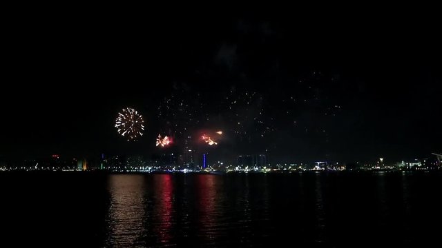 Abu Dhabi skyline with fireworks lighting up the sky as part of 43rd National Day celebrations
