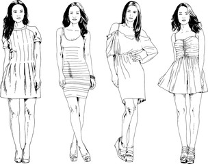 vector drawings on the theme of beautiful slim sporty girl in casual clothes in various poses painted ink hand sketch with no background	