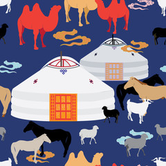 Cattle grazing in a meadow surrounding mongolian traditional ger. Horses, camels, goats and sheep on pasture. Seamless vector illustration