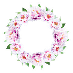 Beautiful white peony wreath. Bouquet of flowers. Floral print. Marker drawing. Watercolor painting. Wedding and birthday composition. Greeting card. Flower painted background. Hand drawn illustration