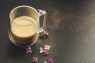 coffee with milk (cappuccino). food background. top
