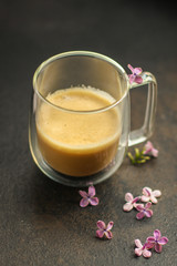 coffee with milk (cappuccino). food background. top